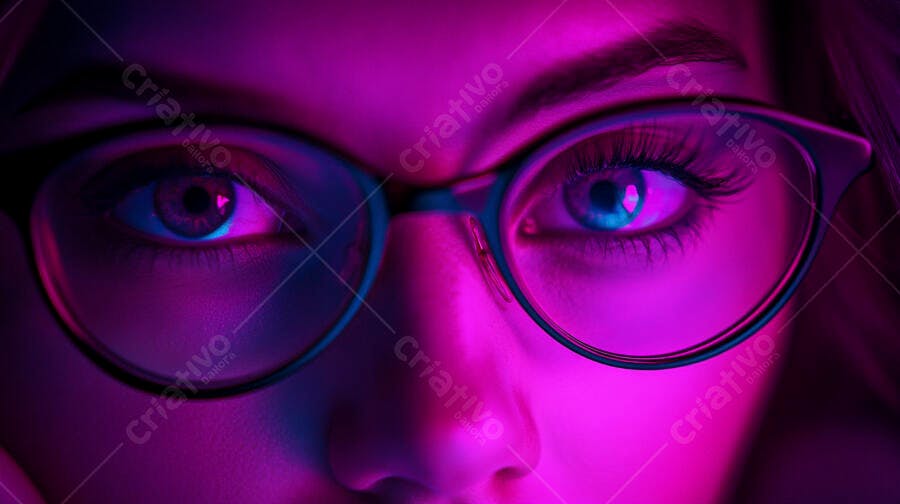Olhos femininos com óculos em iluminação rosa e azul