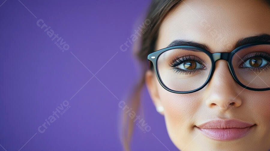 Mulher com óculos fundo roxo