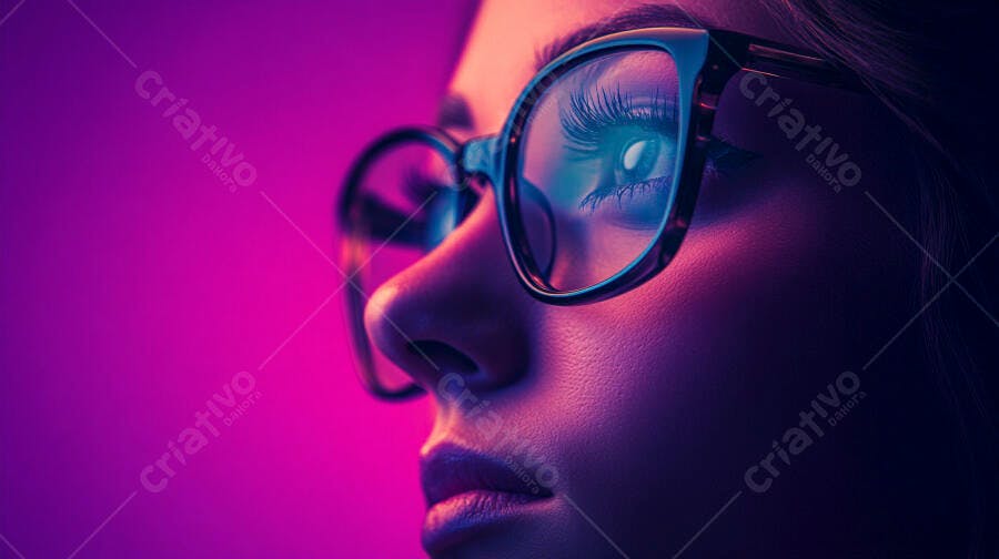 Mulher com óculos fundo roxo