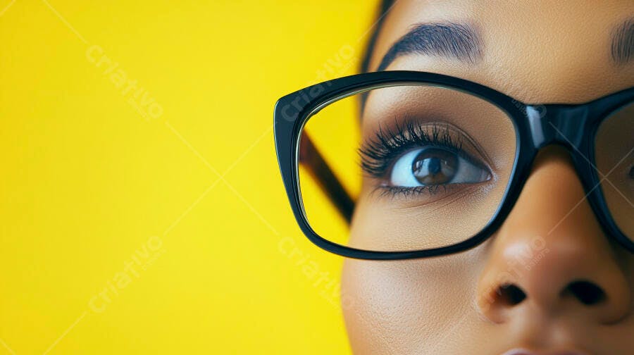 Olhos de mulher com óculos fundo amarelo