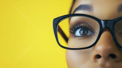 Close-up do Rosto de uma Mulher de Óculos com Fundo Amarelo e Copy Space