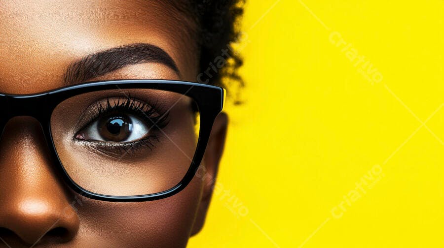 Olho feminino com óculos fundo amarelo