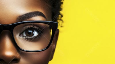 Close-up do Rosto de uma Mulher de Óculos com Fundo Amarelo e Copy Space