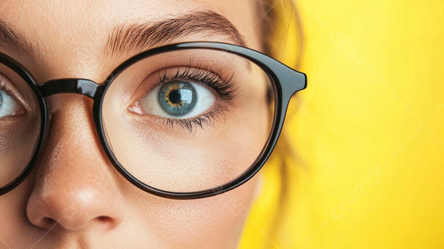 Olhos azuis com óculos fundo amarelo