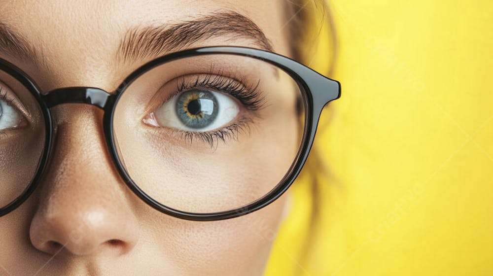 Close-up do Rosto de uma Mulher de Óculos com Fundo Amarelo e Copy Space