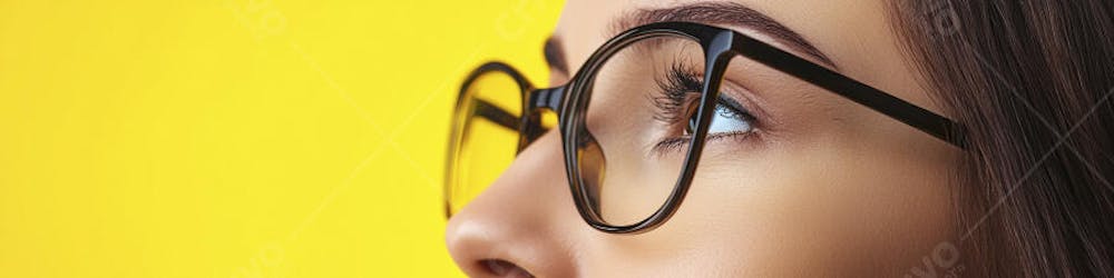 Close-up do Rosto de uma Mulher de Óculos com Fundo Amarelo e Copy Space