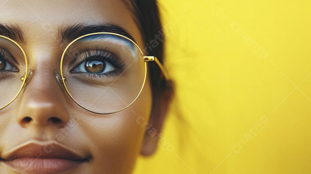 Close-up do Rosto de uma Mulher de Óculos com Fundo Amarelo e Copy Space