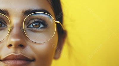 Close-up do Rosto de uma Mulher de Óculos com Fundo Amarelo e Copy Space