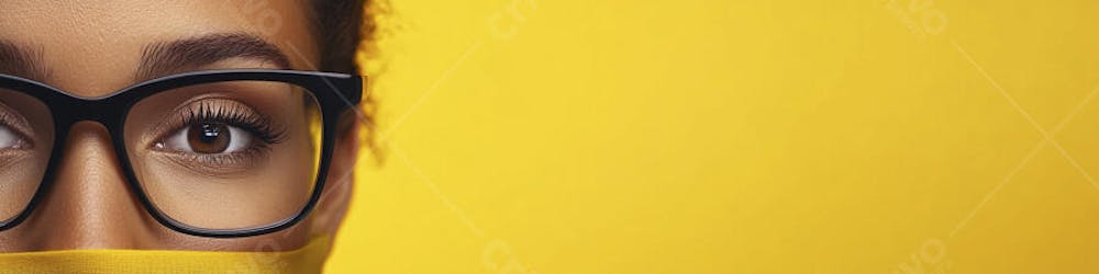 Close-up do Rosto de uma Mulher de Óculos com Fundo Amarelo e Copy Space