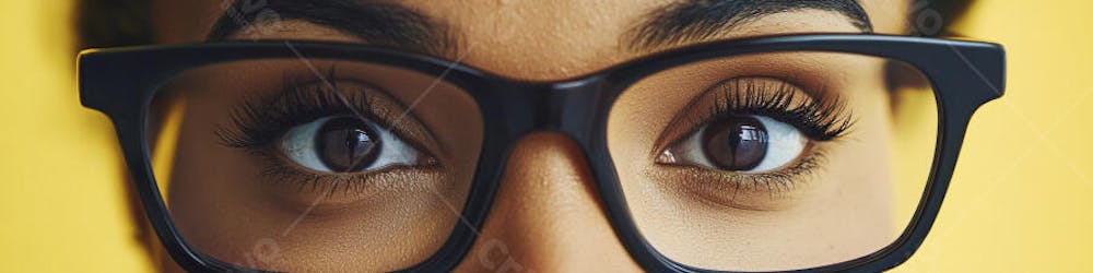 Close-up do Rosto de uma Mulher de Óculos com Fundo Amarelo e Copy Space