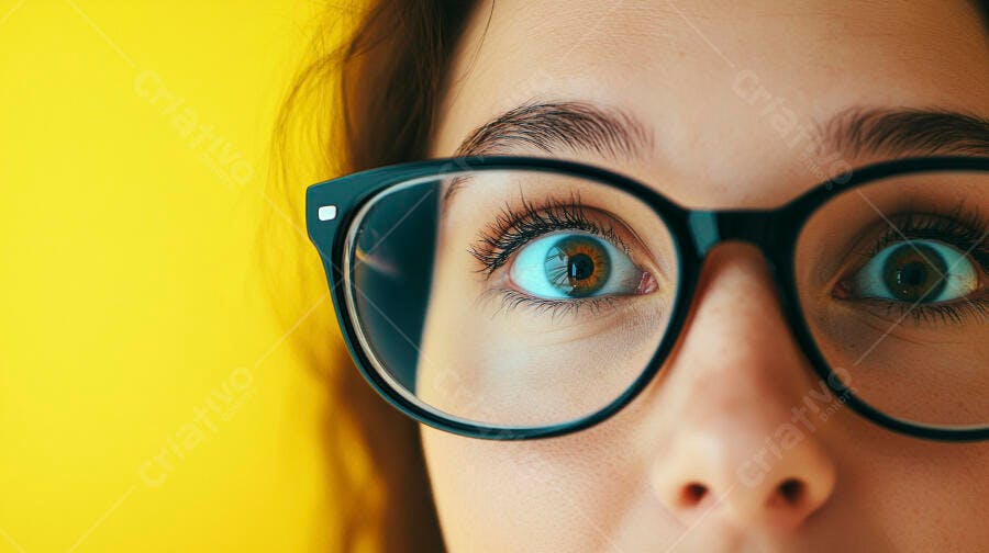 Olhos arregalados atrás de óculos fundo amarelo