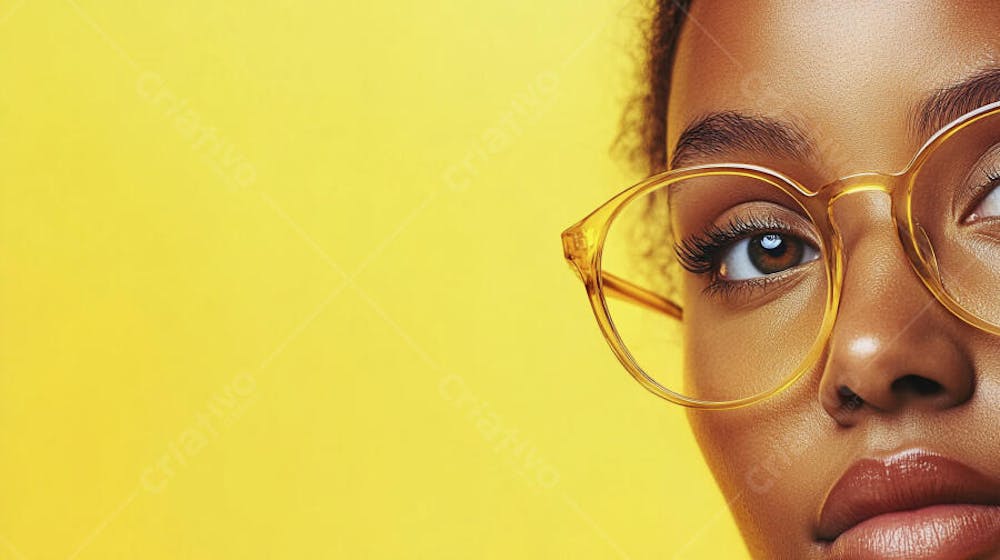 Close-up do Rosto de uma Mulher de Óculos com Fundo Amarelo e Copy Space