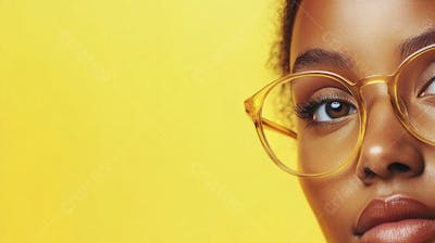 Close-up do Rosto de uma Mulher de Óculos com Fundo Amarelo e Copy Space