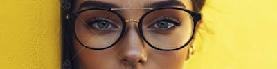 Close-up do Rosto de uma Mulher de Óculos com Fundo Amarelo e Copy Space