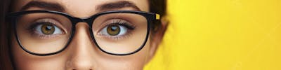Close-up do Rosto de uma Mulher de Óculos com Fundo Amarelo e Copy Space