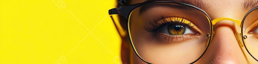 Olhos femininos com óculos amarelos fundo amarelo