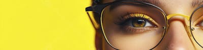 Close-up do Rosto de uma Mulher de Óculos com Fundo Amarelo e Copy Space