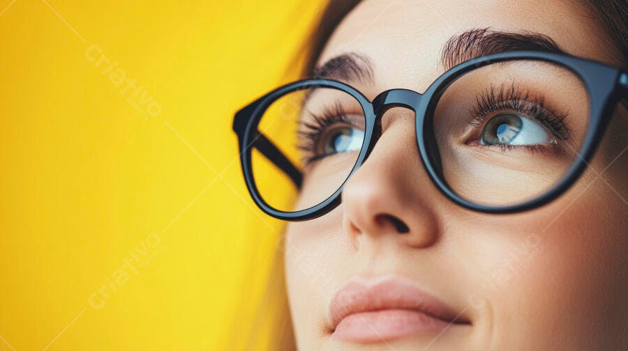 Mulher de óculos olhando para cima fundo amarelo