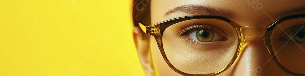 Close-up do Rosto de uma Mulher de Óculos com Fundo Amarelo e Copy Space