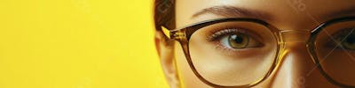 Close-up do Rosto de uma Mulher de Óculos com Fundo Amarelo e Copy Space