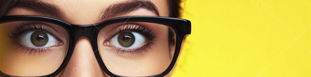 Close-up do Rosto de uma Mulher de Óculos com Fundo Amarelo e Copy Space