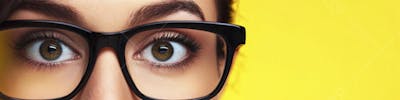 Close-up do Rosto de uma Mulher de Óculos com Fundo Amarelo e Copy Space