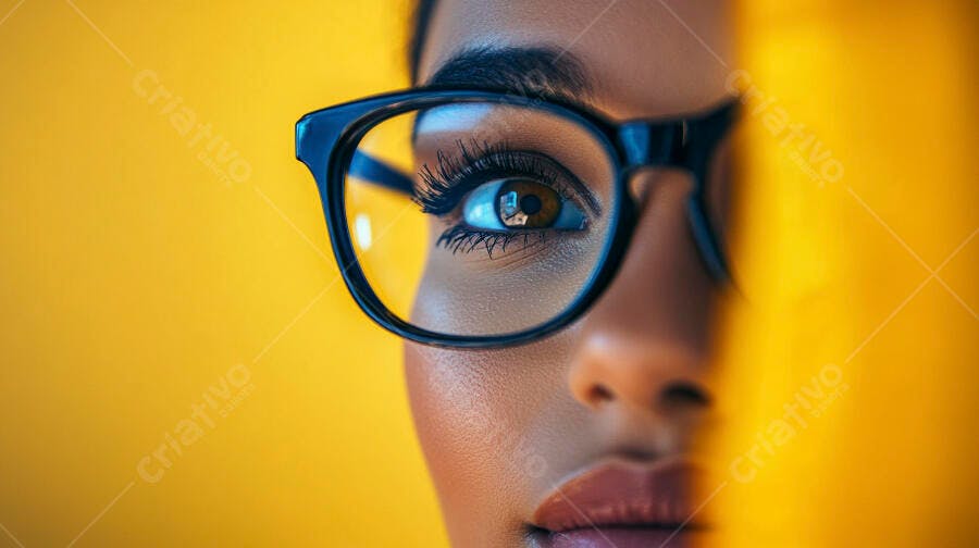 Olho feminino com óculos fundo amarelo