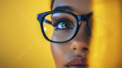 Close-up do Rosto de uma Mulher de Óculos com Fundo Amarelo e Copy Space