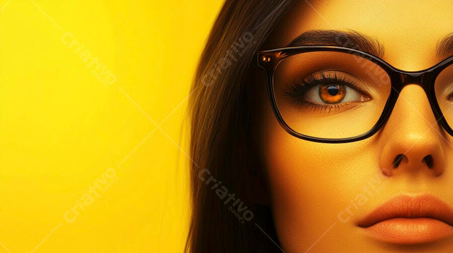 Olho feminino com óculos fundo amarelo