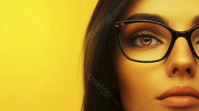 Close-up do Rosto de uma Mulher de Óculos com Fundo Amarelo e Copy Space