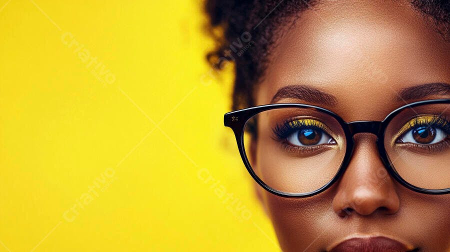 Olhos castanhos com óculos fundo amarelo