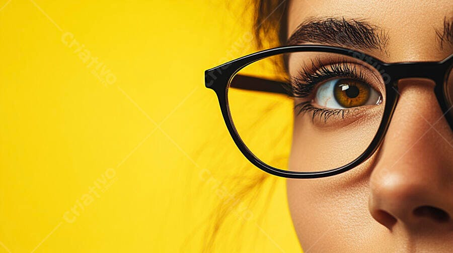Olho castanho com óculos fundo amarelo