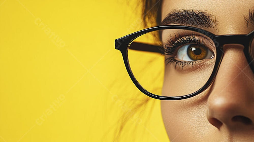 Close-up do Rosto de uma Mulher de Óculos com Fundo Amarelo e Copy Space