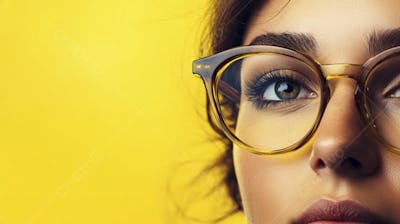 Close-up do Rosto de uma Mulher de Óculos com Fundo Amarelo e Copy Space