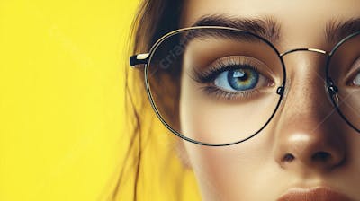 Close-up do Rosto de uma Mulher de Óculos com Fundo Amarelo e Copy Space