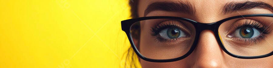 Olhos castanhos com óculos fundo amarelo