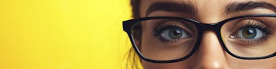 Close-up do Rosto de uma Mulher de Óculos com Fundo Amarelo e Copy Space