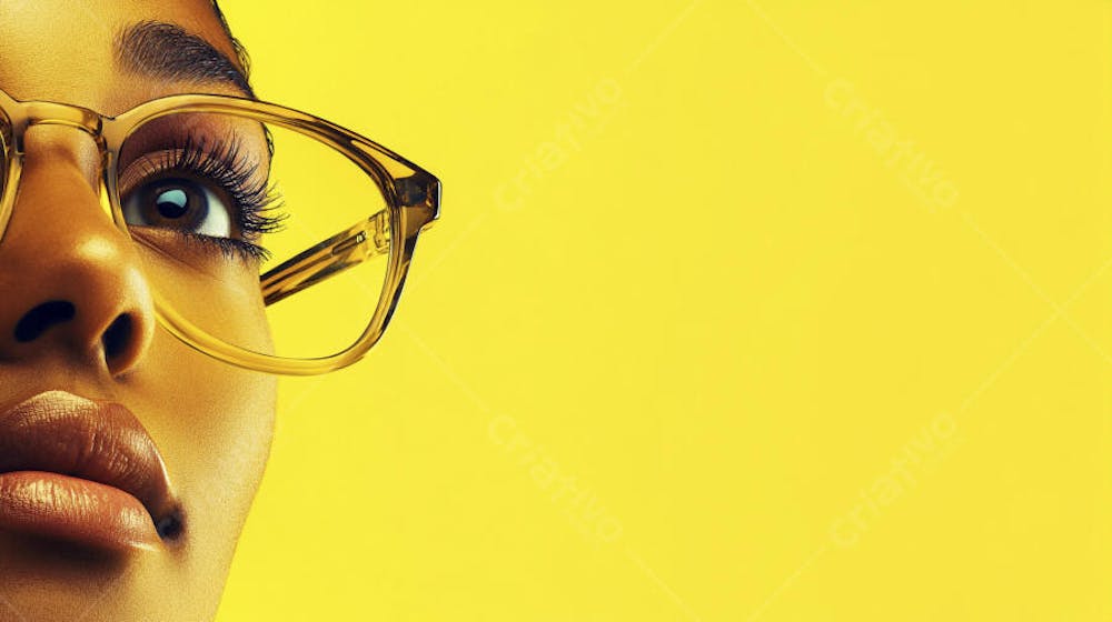 Close-up do Rosto de uma Mulher de Óculos com Fundo Amarelo e Copy Space
