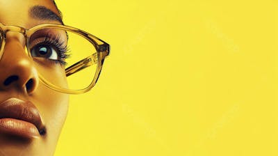 Close-up do Rosto de uma Mulher de Óculos com Fundo Amarelo e Copy Space
