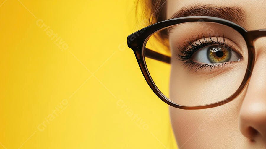Olho feminino com óculos fundo amarelo