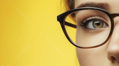 Close-up do Rosto de uma Mulher de Óculos com Fundo Amarelo e Copy Space