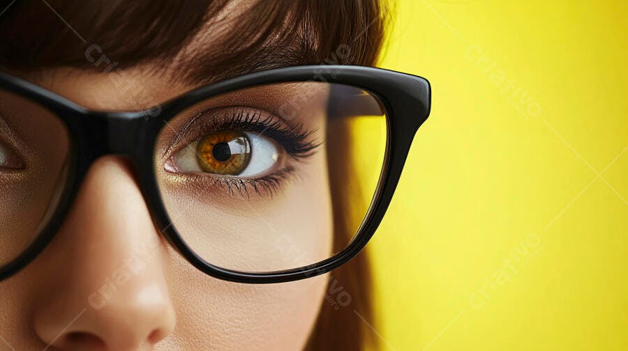 Olhos castanhos com óculos pretos fundo amarelo