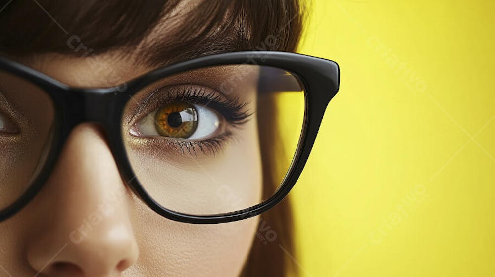 Close-up do Rosto de uma Mulher de Óculos com Fundo Amarelo e Copy Space