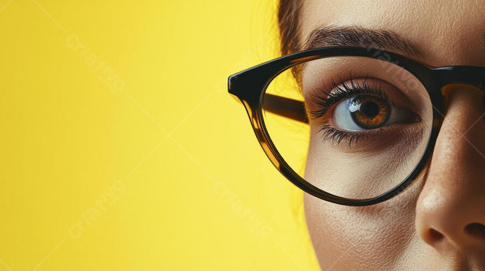 Close-up do Rosto de uma Mulher de Óculos com Fundo Amarelo e Copy Space