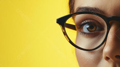 Close-up do Rosto de uma Mulher de Óculos com Fundo Amarelo e Copy Space