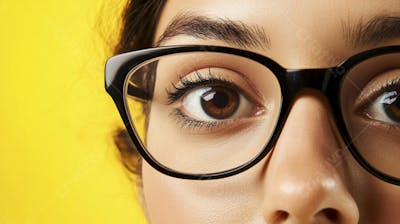Close-up do Rosto de uma Mulher de Óculos com Fundo Amarelo e Copy Space