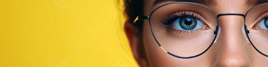 Olhos azuis com óculos fundo amarelo