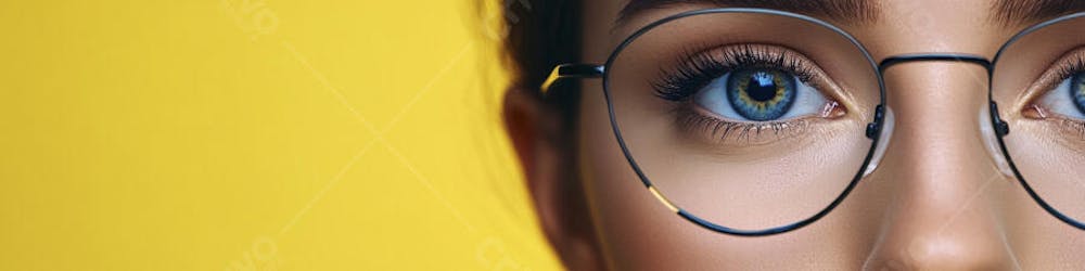 Close-up do Rosto de uma Mulher de Óculos com Fundo Amarelo e Copy Space
