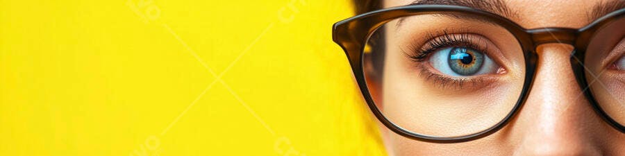 Olhos azuis atrás de óculos escuros fundo amarelo