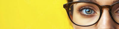 Close-up do Rosto de uma Mulher de Óculos com Fundo Amarelo e Copy Space